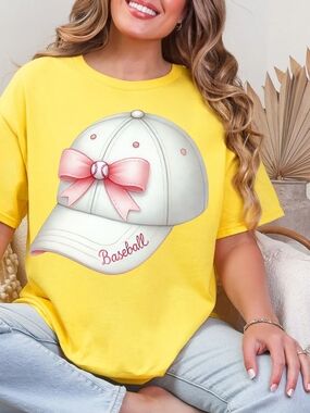 Gildan Yellow Short-Sleeve Tee with White Baseball Cap and Pink Bow Graphic